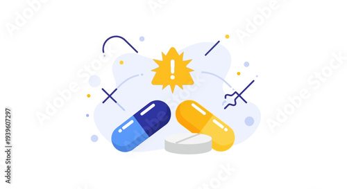 Medication Warning Icon: Pills, Capsules & Tablet with Exclamation Mark. Drug Safety, Adverse Effects, Medical Alert, and Health Risks.