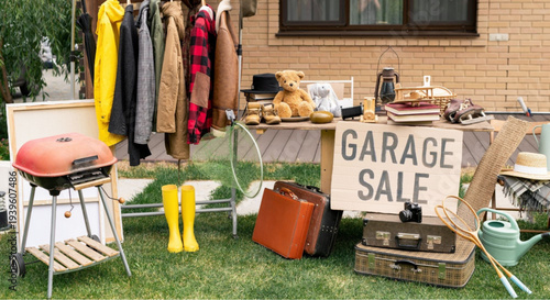 Vibrant outdoor garage sale setup with assorted items