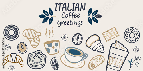 Italian coffee and pastries illustration with floral and decorative elements