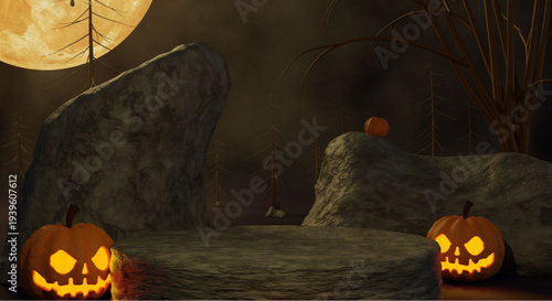 Spooky Halloween night with glowing jack-o-lanterns and full moon