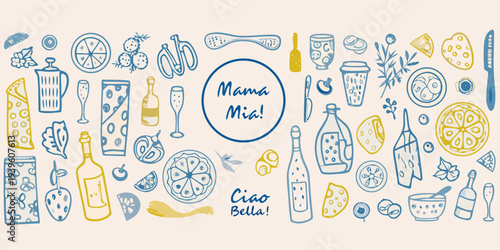 Hand drawn illustration of italian food and drink with playful lettering
