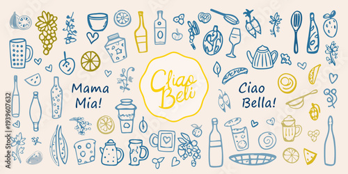 Hand drawn italian kitchen items and lettering with floral embellishments