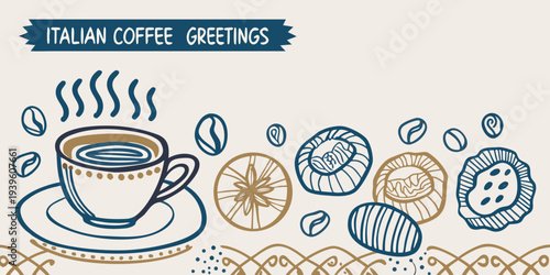 Italian coffee with pastries and decorative elements in a hand drawn style