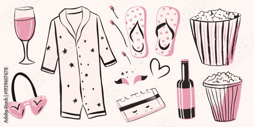 Relaxation and self care items including wine pajamas and movie snacks