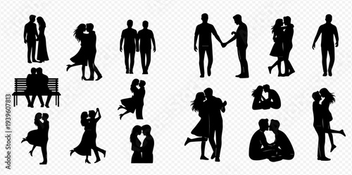 Collection of diverse couple silhouettes showing love, romance, and relationships in various poses and interactions.