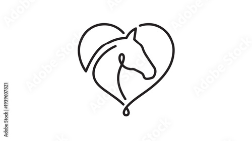 Minimalist horse head outline within a heart shape symbol represents love and passion for horses