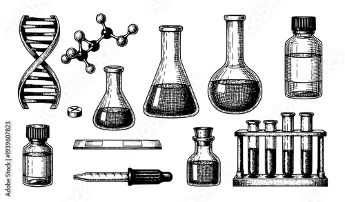 Vintage science laboratory sketch icons with DNA molecule flasks beakers and test tubes hand engraved vector illustration