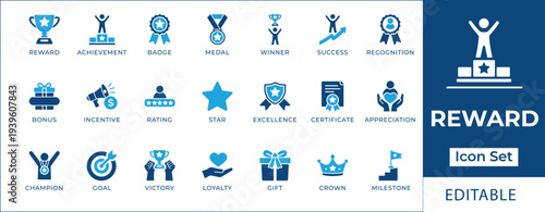 Reward and recognition icon set featuring achievement awards, trophies, medals, success badges, winner recognition, loyalty gifts, and corporate milestone celebration symbols.