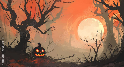 Spooky Halloween pumpkin in dark forest with full moon