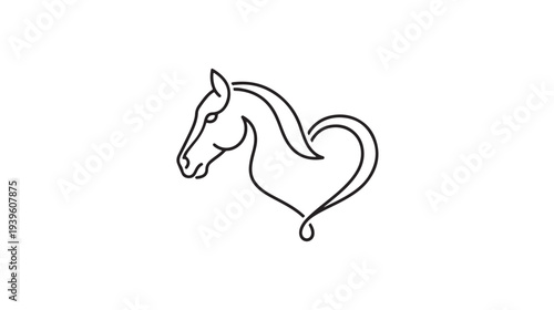 Minimalist line art illustration featuring a majestic horse head gracefully intertwined with a heart shape, embodying equine love and passion in an elegant vector design