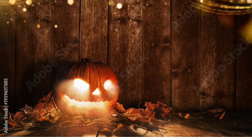 Spooky jack-o-lantern glowing brightly on wooden porch with autumn leaves