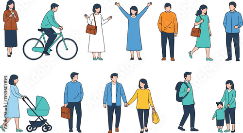Set of Diverse Flat Vector People Icons Showing Various Activities Like Riding Bicycle Walking With Stroller Commuting Socializing Holding Hands and Daily Urban Life Routines