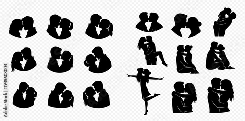Collection of romantic couple silhouettes showing affection and love in various poses.