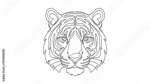 Minimalist Single Line Drawing of a Majestic Tiger's Face with Intricate Stripes