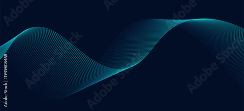 Abstract blue technology background with flowing cyan wave lines. Futuristic digital curve made of thin glowing lines on dark navy backdrop.