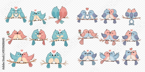 Set of cute cartoon birds in love, sitting on branches, perfect for Valentine's Day designs and romantic themes.
