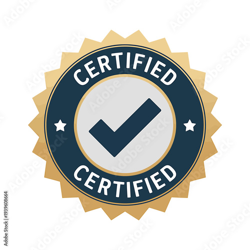 Certified badge with checkmark and starburst design element isolated on white background