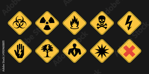 Yellow warning signs with various hazard symbols on dark background
