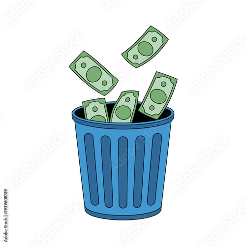 Cartoon blue trash can with green dollar bills being thrown away carelessly  waste of money concept