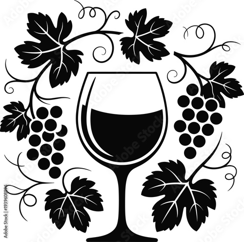 Elegant wine glass surrounded by lush grapevine and leaves