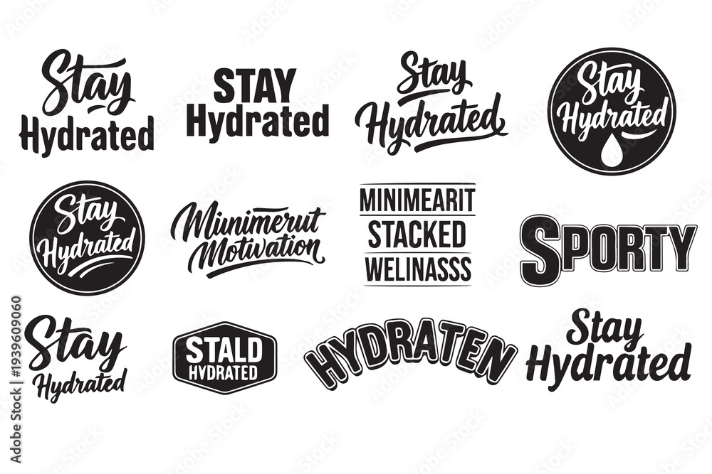 Fototapeta premium Stay Hydrated Typography Set: Motivational Water Intake Quotes and Wellness Vector Lettering