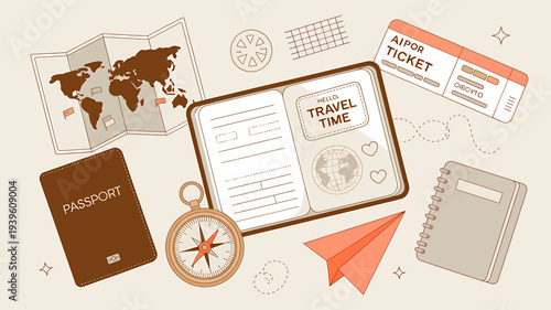 Travel and tourism concept with passport ticket map and compass on beige background