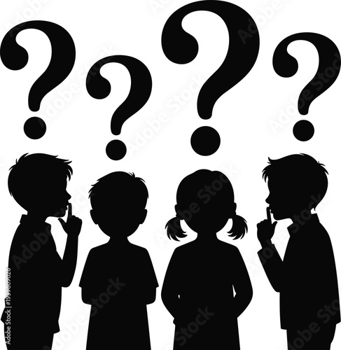 Four children with question marks thinking deeply