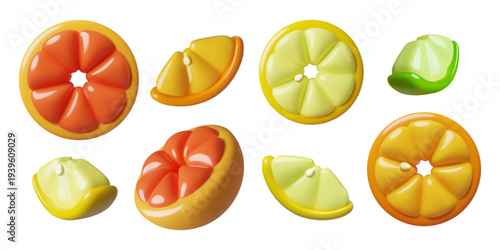 Citrus fruits 3d icons - lemon, orange, grapefruit and lime slices. Cute inflated vector food elements isolated on white background.