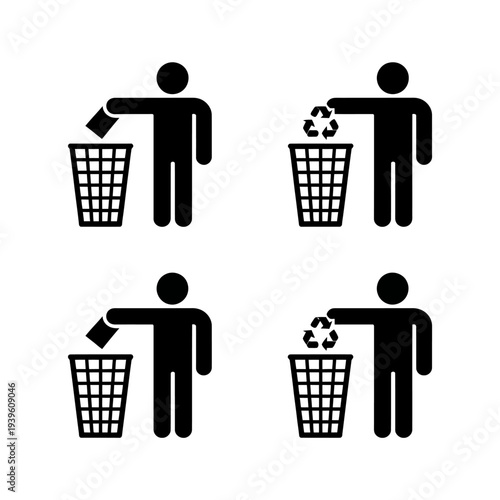 Four black silhouette icons of people throwing away trash and recyclables properly