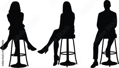 People sitting on stool silhouettes, man and woman seated poses, bar chair vector illustration isolated on white background