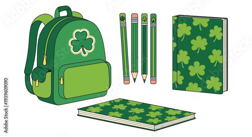 Green school supplies with shamrock pattern for St Patrick's Day.
