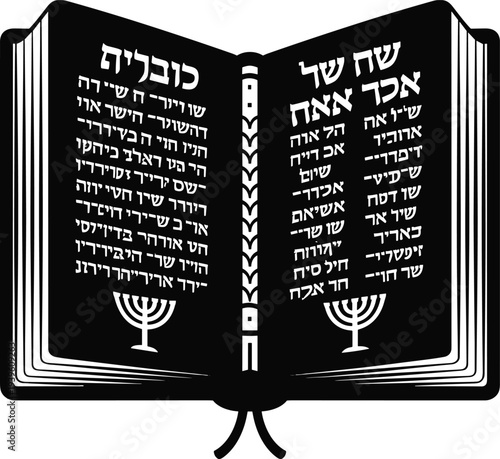 Open Jewish prayer book with Hebrew text and menorahs