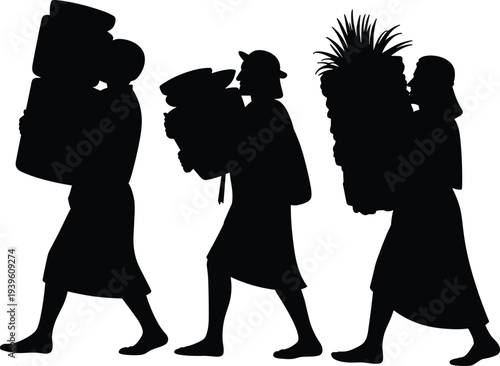 People carrying goods in silhouette walking together