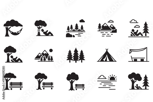 Outdoor Camping and Nature Relaxation Icons: Black Silhouette Park and Wilderness Vector Set