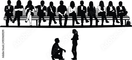 Silhouette of a Man Proposing to a Woman on One Knee While a Large Crowd of People Sits on a Bench Watching the Proposal