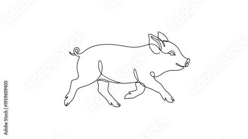 Minimalist single line drawing of a piglet running on a white background, isolated illustration