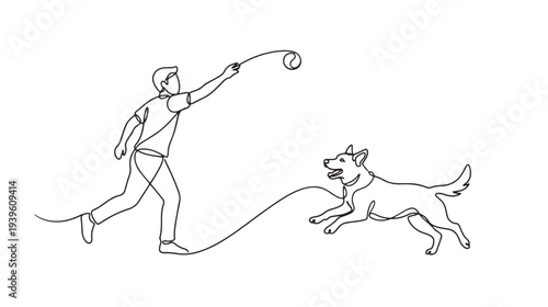 Energetic continuous line drawing captures a man playing fetch with his happy dog, showcasing active pet bonding and outdoor recreation with a thrown ball