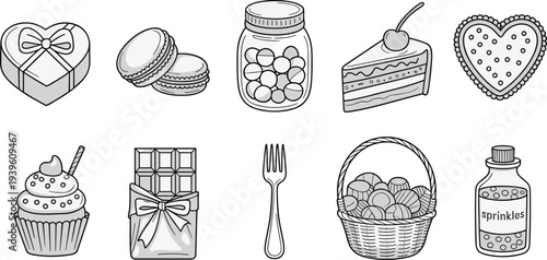 Dessert and sweets outline icon set with cupcake, cake slice, chocolate, cookies, candy jar and gift box vector illustrations