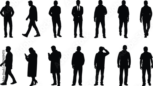 Silhouette people walking, standing, using phone, adjusting hair, casual clothing, business attire, human posture, motion analysis, character modeling, design