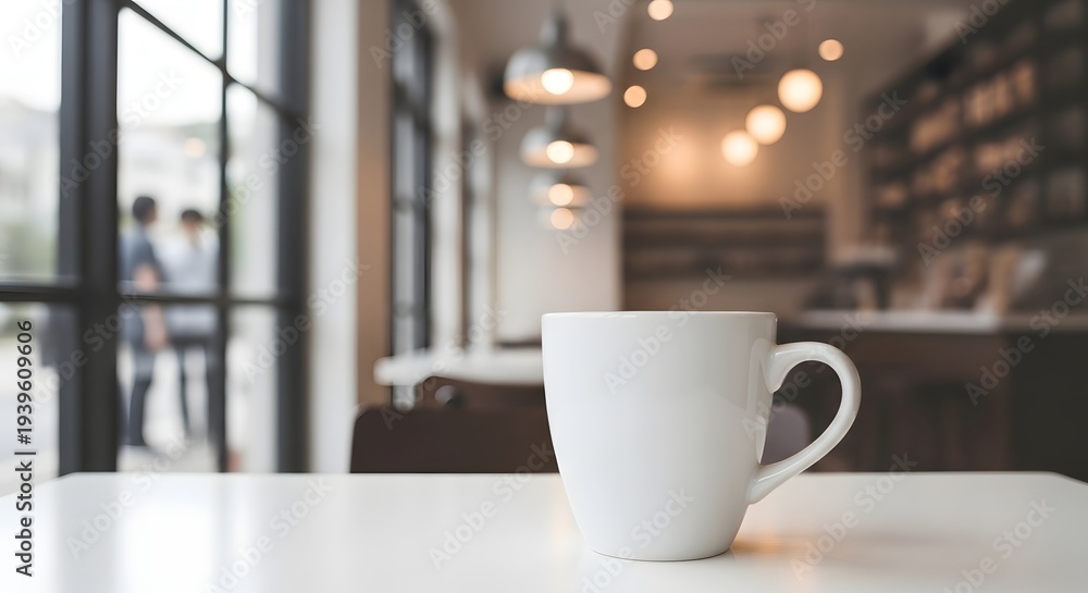 Fototapeta premium A white coffee mug on a table in a cozy cafe interior