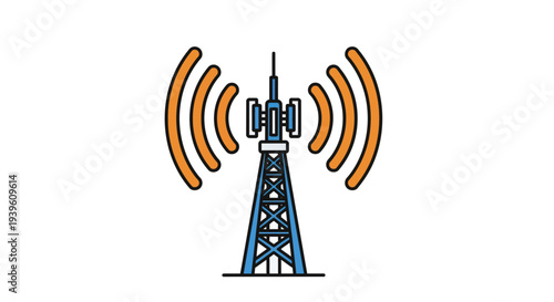 Telecommunication tower emitting signals in a minimalist illustration style