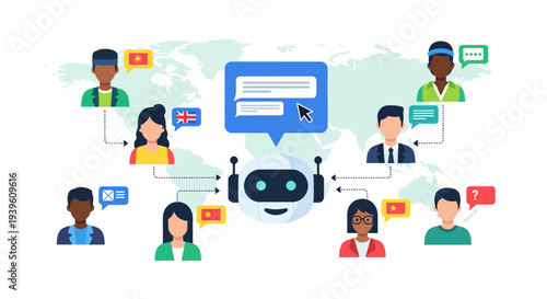 Global network lines linking AI chip with diverse people in flat 2D illustration