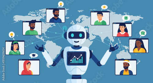 AI Powered Healthcare Global Network Illustration Depicting Robot Interacting with Diverse People Around the World