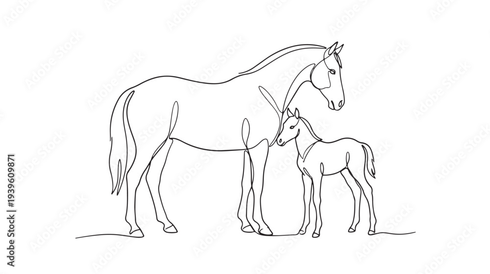 Obraz premium Graceful continuous line art vector illustration capturing the tender bond between a mother horse and her young foal, showcasing natural animal family connection