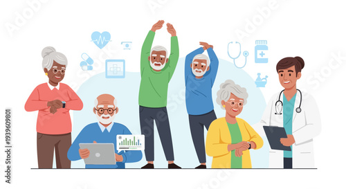 Active Seniors Embracing Wellness, Technology, and Medical Care with a Doctor - Digital Health & Elderly Fitness Illustration
