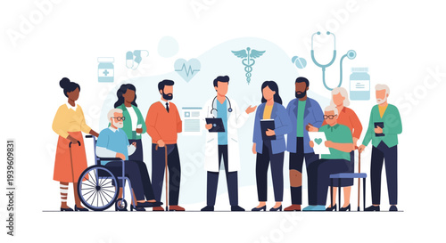 Diverse Healthcare Team and Patients Illustration: Comprehensive Medical Support, Elderly Care, and Community Health Services