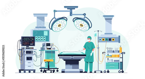 Modern Operating Room with Surgeon & Advanced Medical Equipment. Professional Doctor in Surgical Theater, surrounded by Patient Monitor, Lights, & IV Drip.