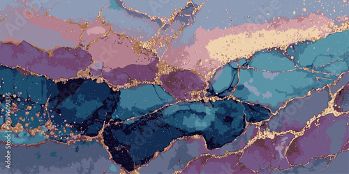 Abstract fluid art with gold veins and pastel colors, isolated on transparent background.