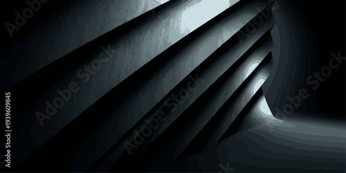 Dramatic abstract dark background with layered diagonal planes and warm orange light, isolated on transparent background.