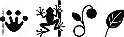 Frog silhouette footprint climbing frog and plant leaf icon set amphibian wildlife nature vector illustration collection isolated design